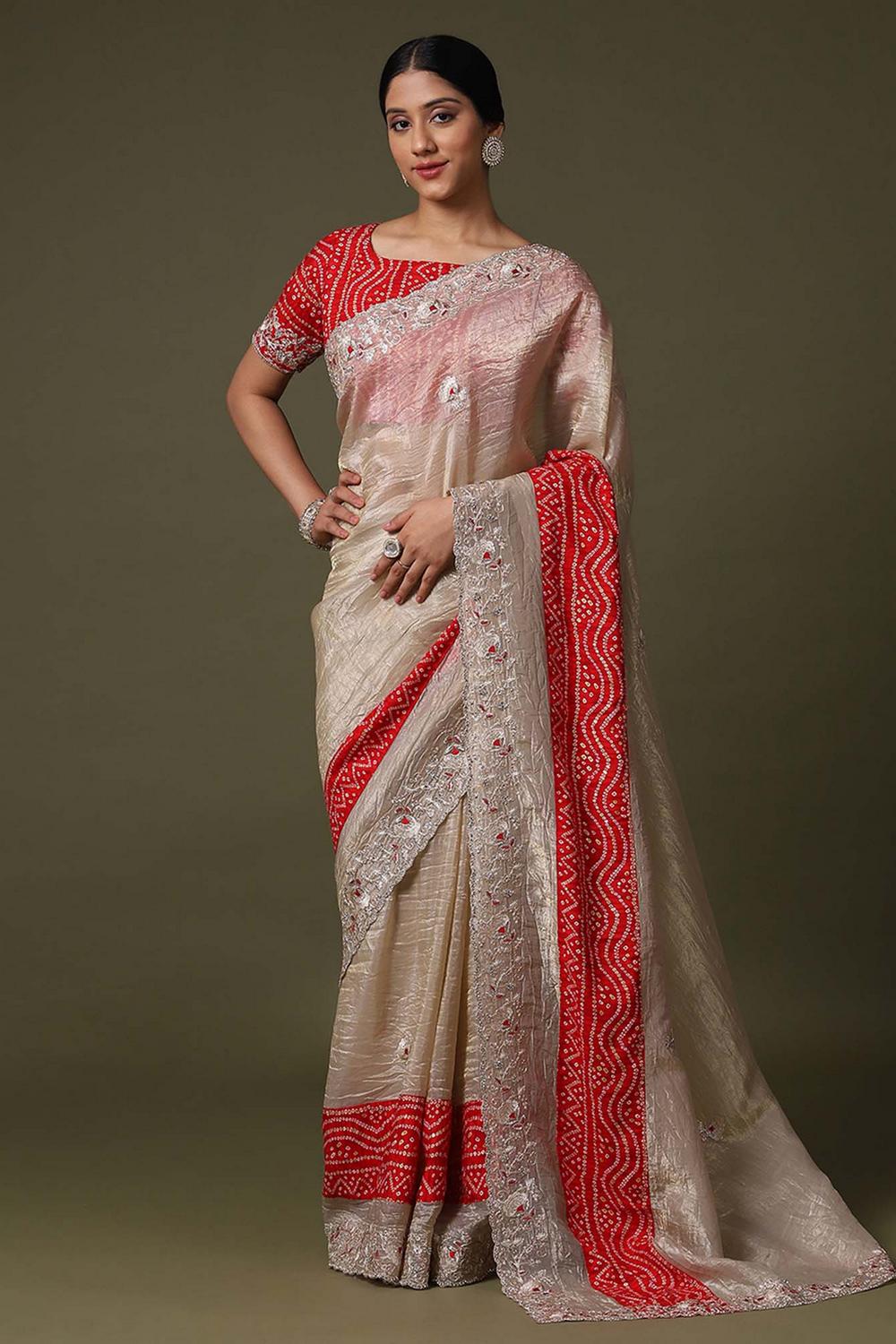 Nisha Cream Tissue with Embellished Border Ready to Wear Saree