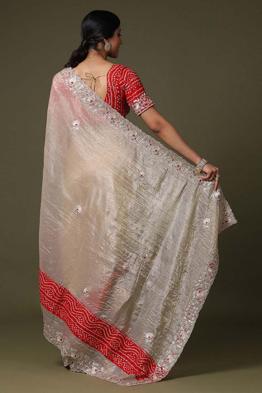 Nisha Cream Tissue with Embellished Border Ready to Wear Saree