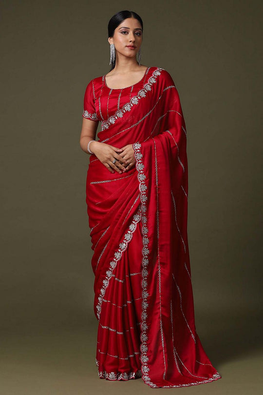 Uma Red Satin Silk Embellished Ready to Wear Saree