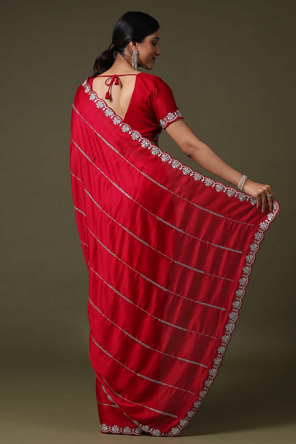 Uma Red Satin Silk Embellished Ready to Wear Saree