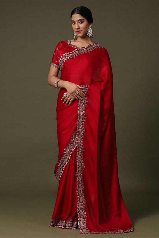 Tina Red Satin Silk with Embroidery work Ready to Wear Saree