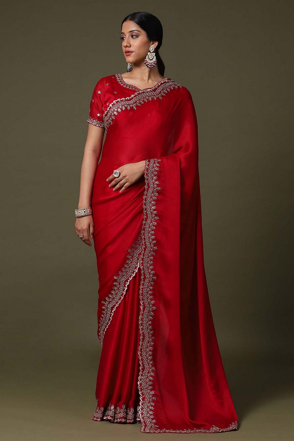 Tina Red Satin Silk with Embroidery work Ready to Wear Saree