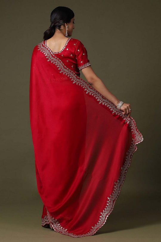 Tina Red Satin Silk with Embroidery work Ready to Wear Saree