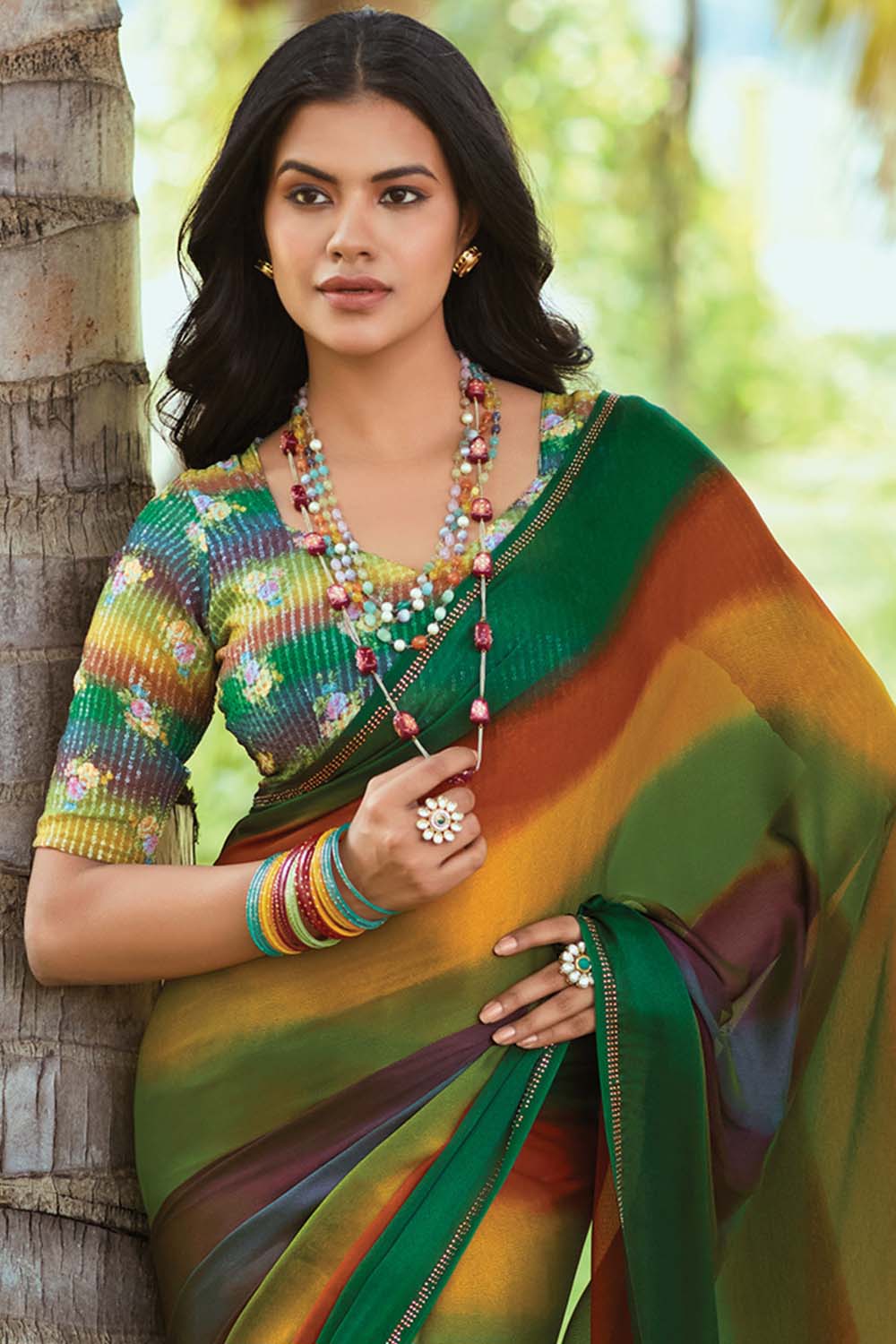 Multicolor Ombre Chiffon Embellished One Minute Saree – Ready to Wear