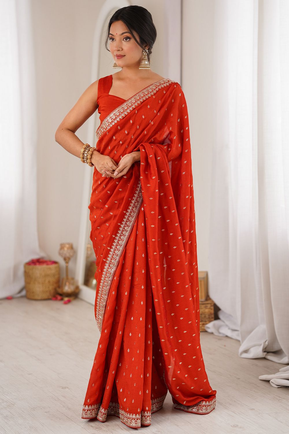Mala Red Vichitra Silk Embroidered Ready To Wear Saree