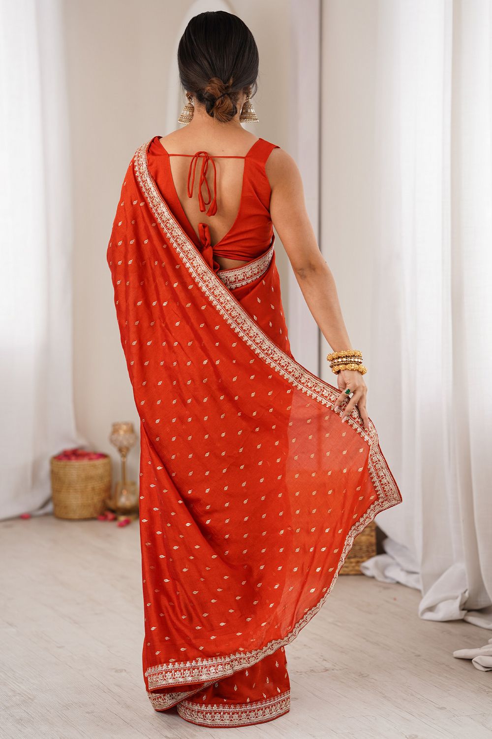 Mala Red Vichitra Silk Embroidered Ready To Wear Saree