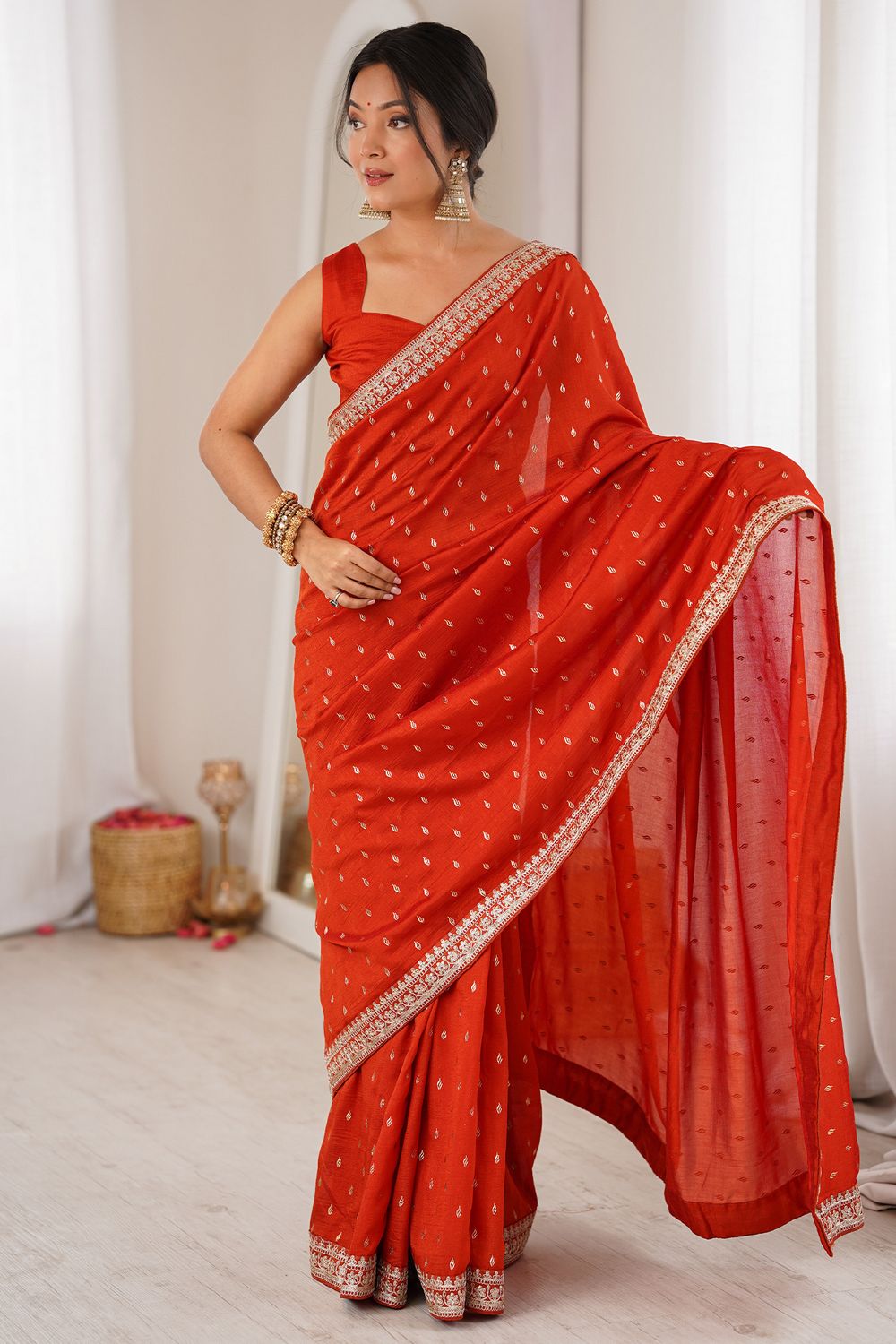 Mala Red Vichitra Silk Embroidered Ready To Wear Saree