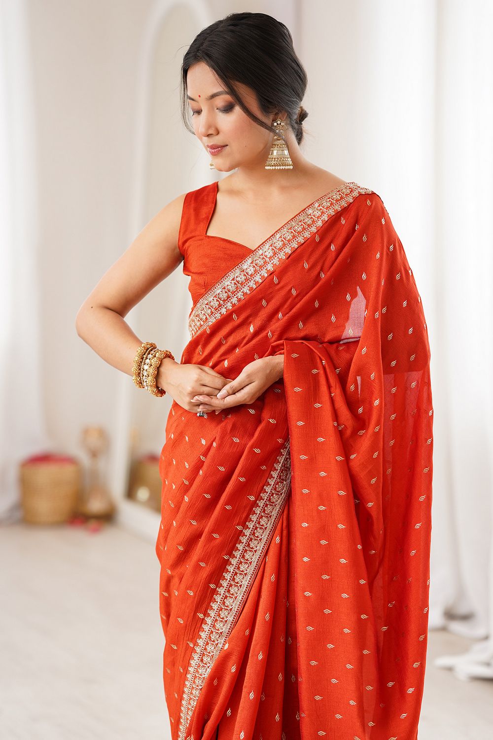 Mala Red Vichitra Silk Embroidered Ready To Wear Saree