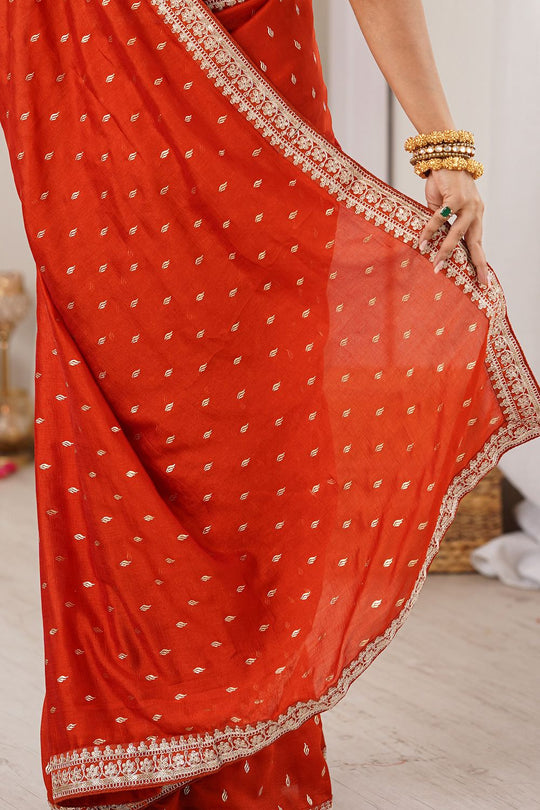 Mala Red Vichitra Silk Embroidered Ready To Wear Saree