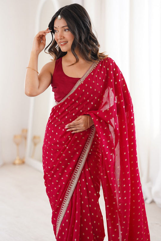 Ella Red Silk Foil Work Ready to Wear One Minute Saree