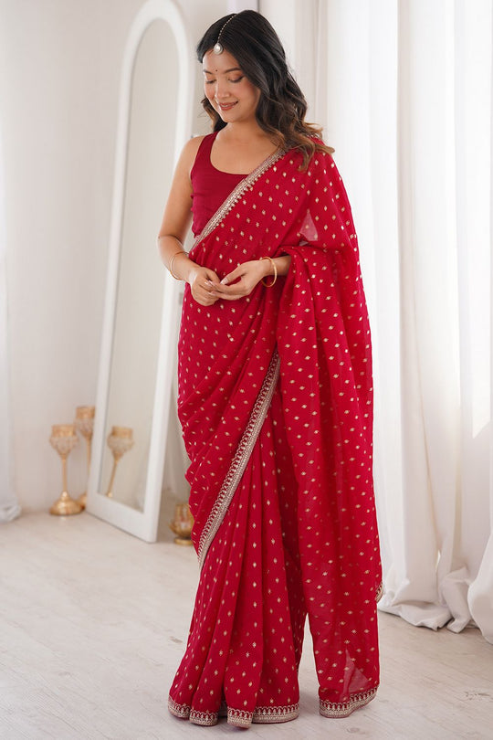 Ella Red Silk Foil Work Ready to Wear One Minute Saree