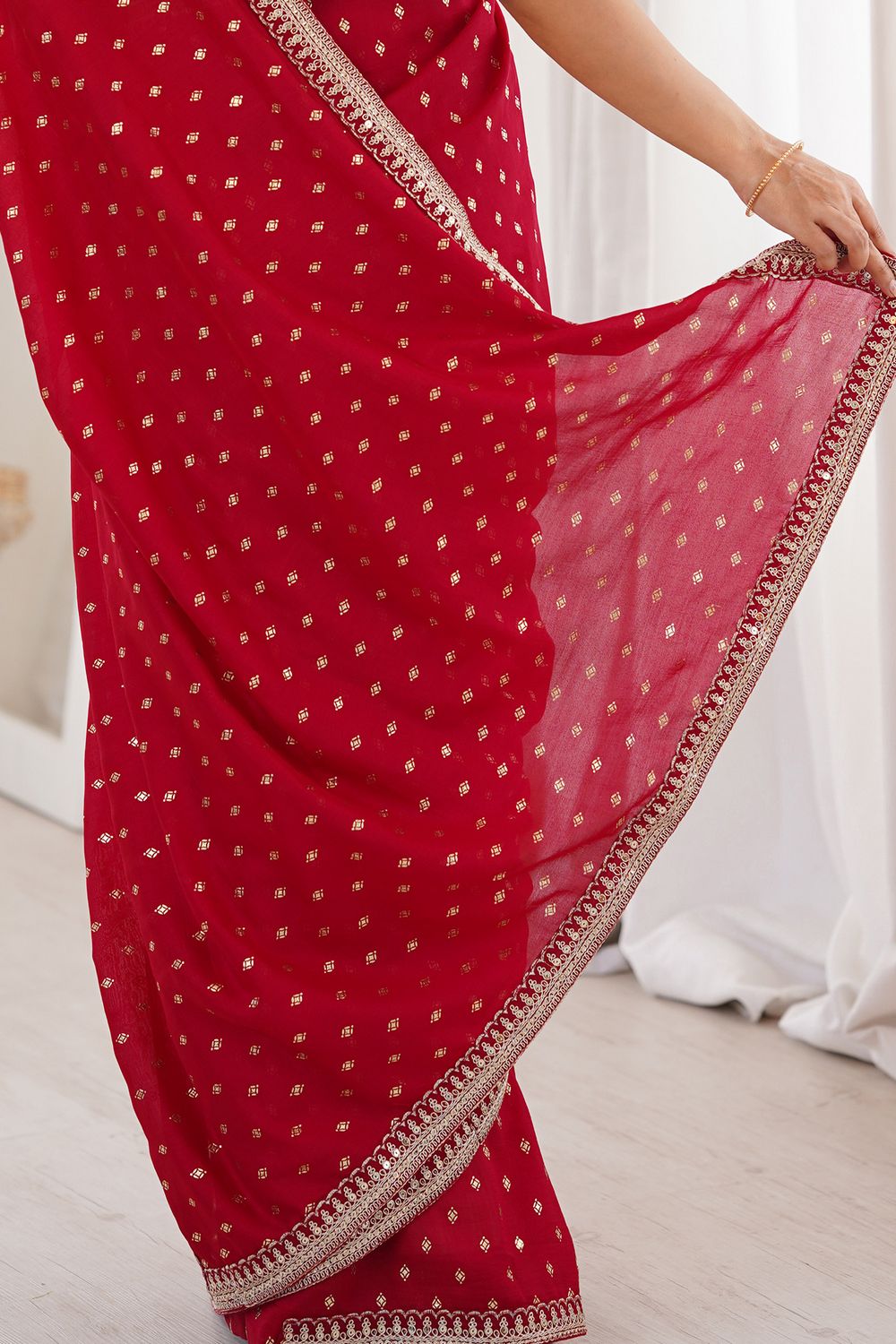 Ella Red Silk Foil Work Ready to Wear One Minute Saree