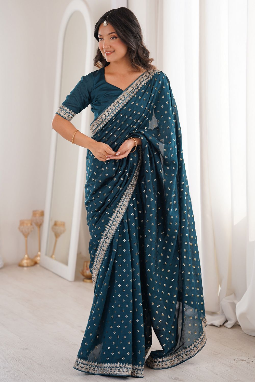Ella Teal Blue Silk Foil Work Ready to Wear One Minute Saree