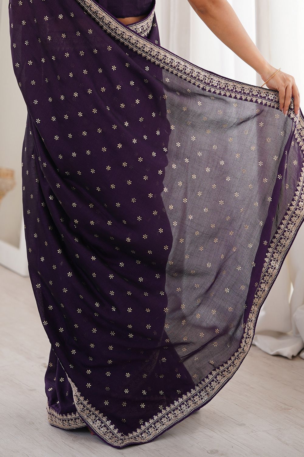 Ella Dark Purple Silk Foil Work Ready to Wear One Minute Saree