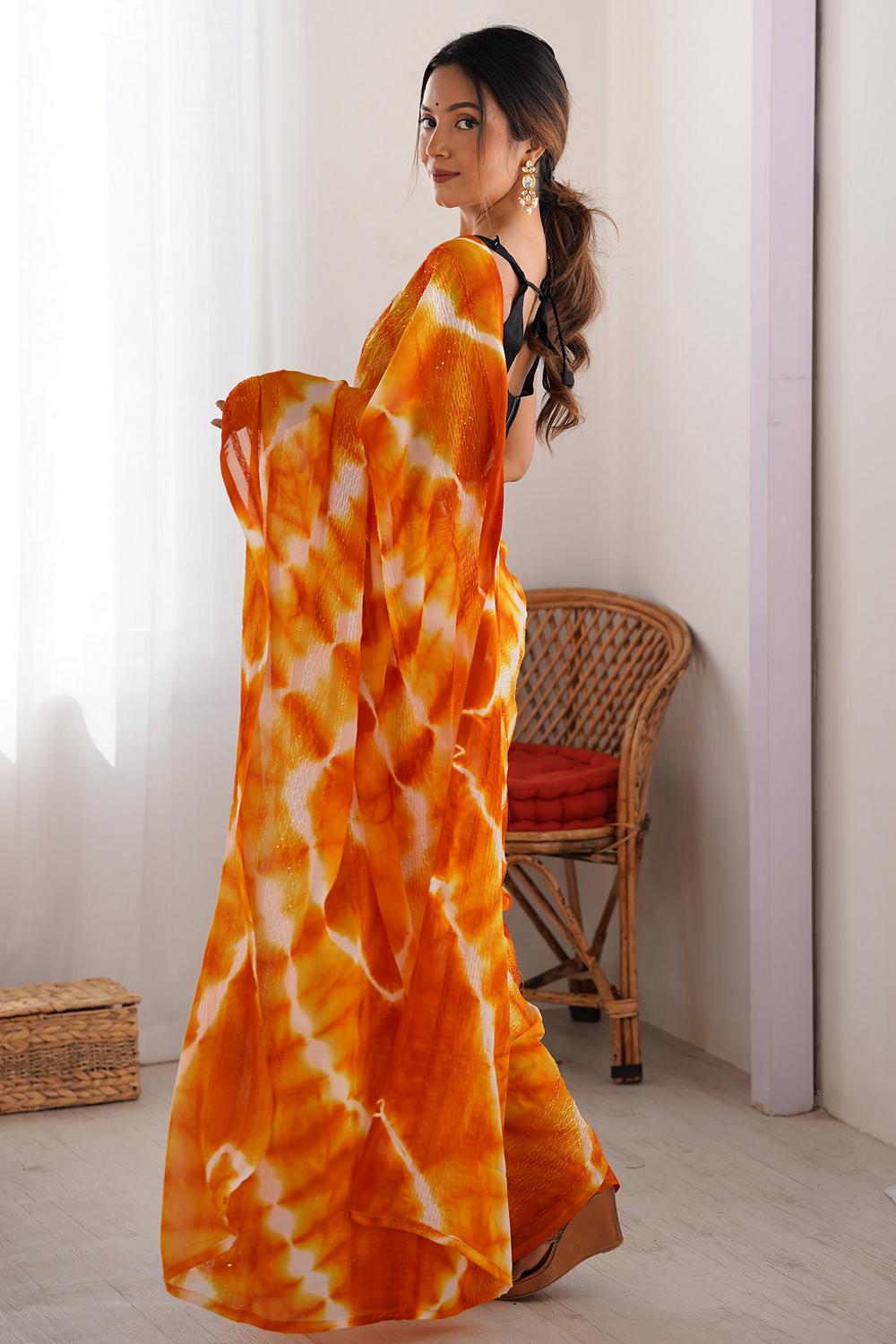 Astrid Orange Georgette Tie and Dye Ready to Wear Saree