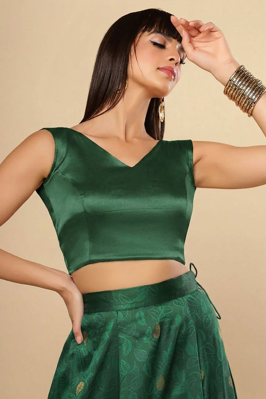 Amiya Bottle Green Satin Comfort Stretch  V Neck Sleeveless Blouse