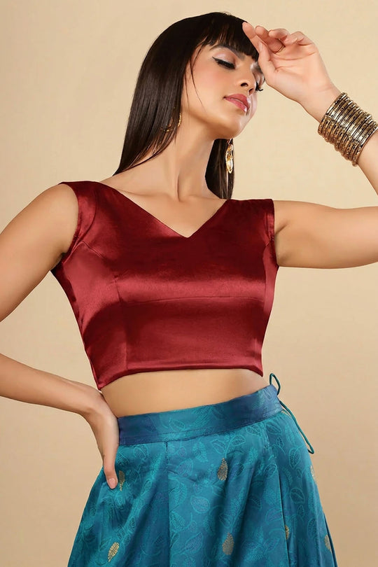 Amiya Red Satin Comfort Stretch V Neck Sleeveless Blouse