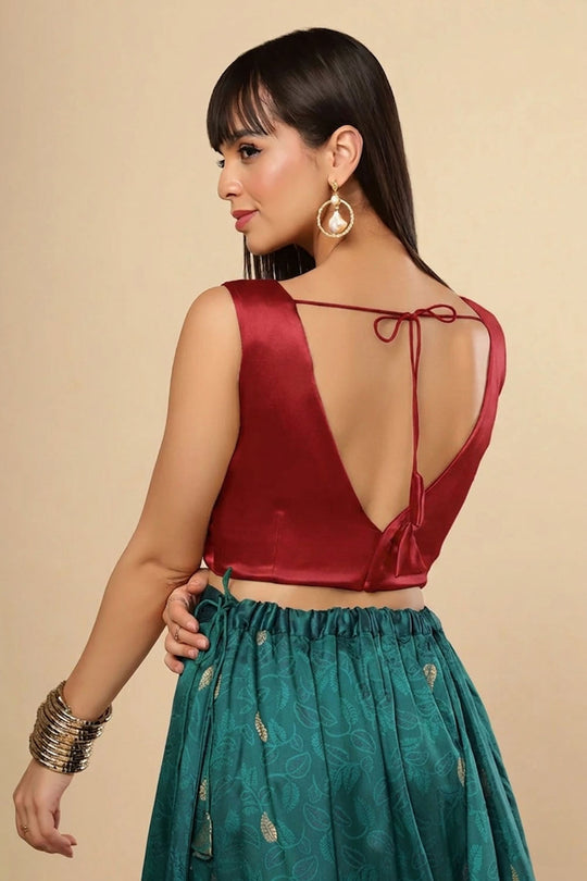 Amiya Red Satin Comfort Stretch V Neck Sleeveless Blouse