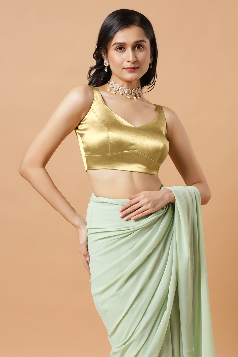 Aria Gold Thin Strap Sleeveless Satin Stretch Blouse