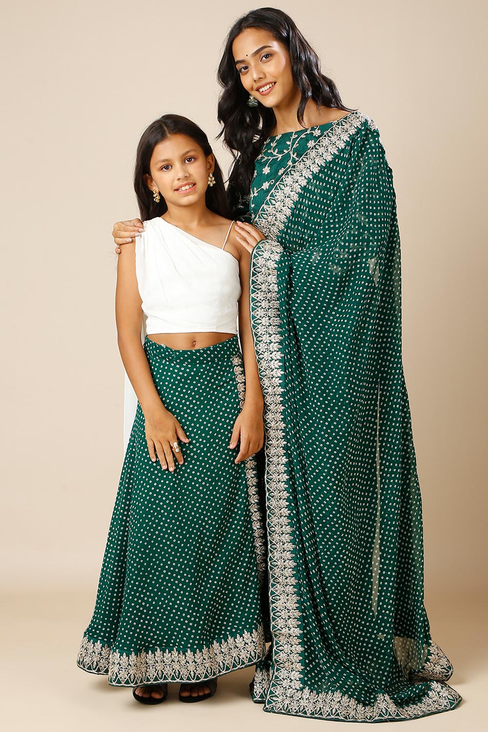 Hillary Green Georgette Bandhani Wrap Around Skirt for Kids & Tweens