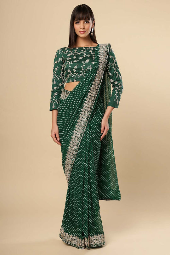 Hillary Green Georgette Zari Embroidered Bandhani One Minute Saree
