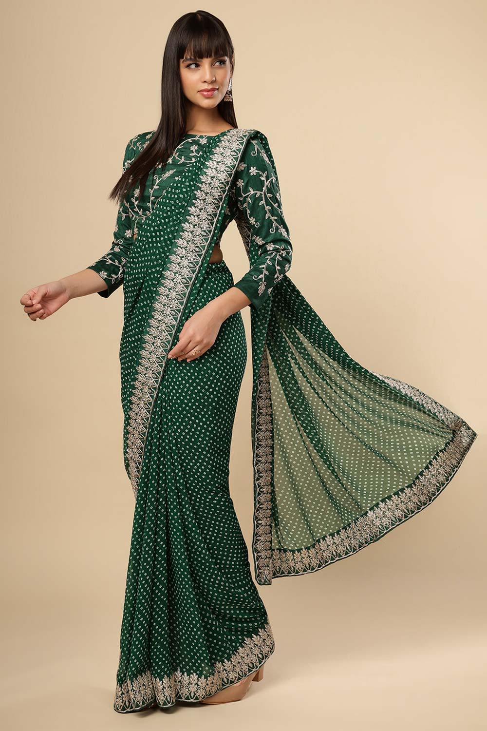 Hillary Green Georgette Zari Embroidered Bandhani One Minute Saree