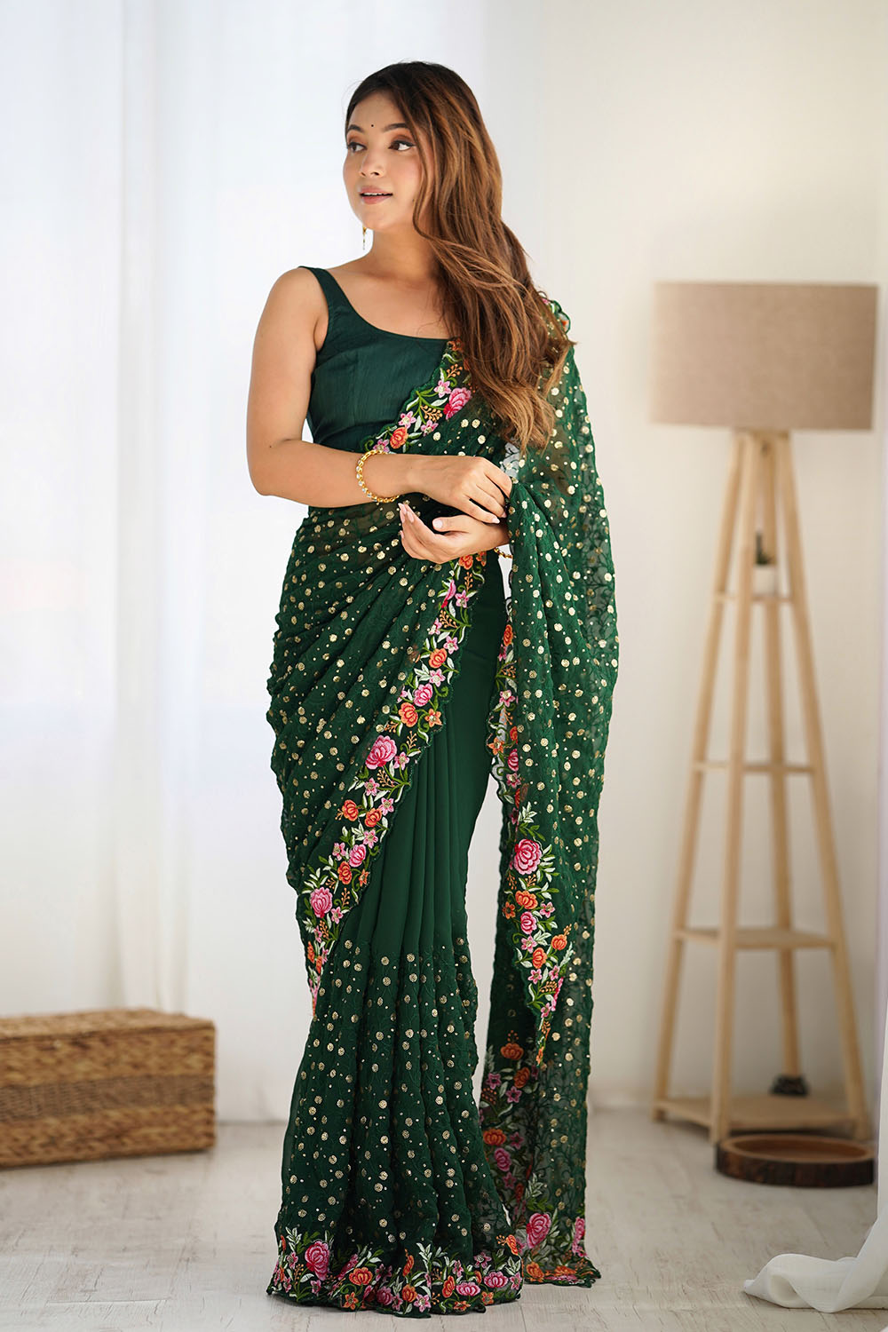 Isabella Emerald Green Georgette with Sequins & Floral Work One Minute Saree