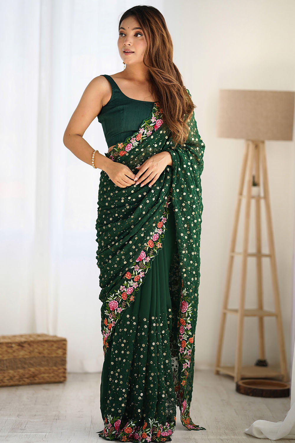 Isabella Emerald Green Georgette with Sequins & Floral Work One Minute Saree
