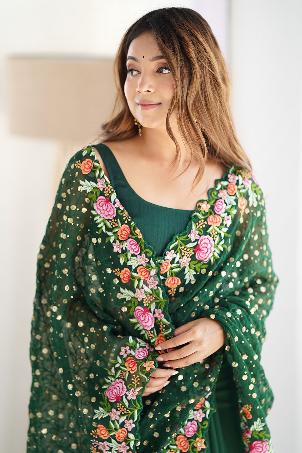 Isabella Emerald Green Georgette with Sequins & Floral Work One Minute Saree