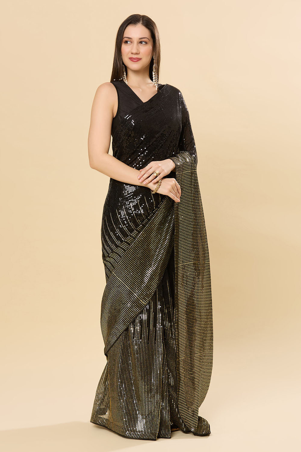 Bianca Black Sequins Designer Georgette One Minute Saree