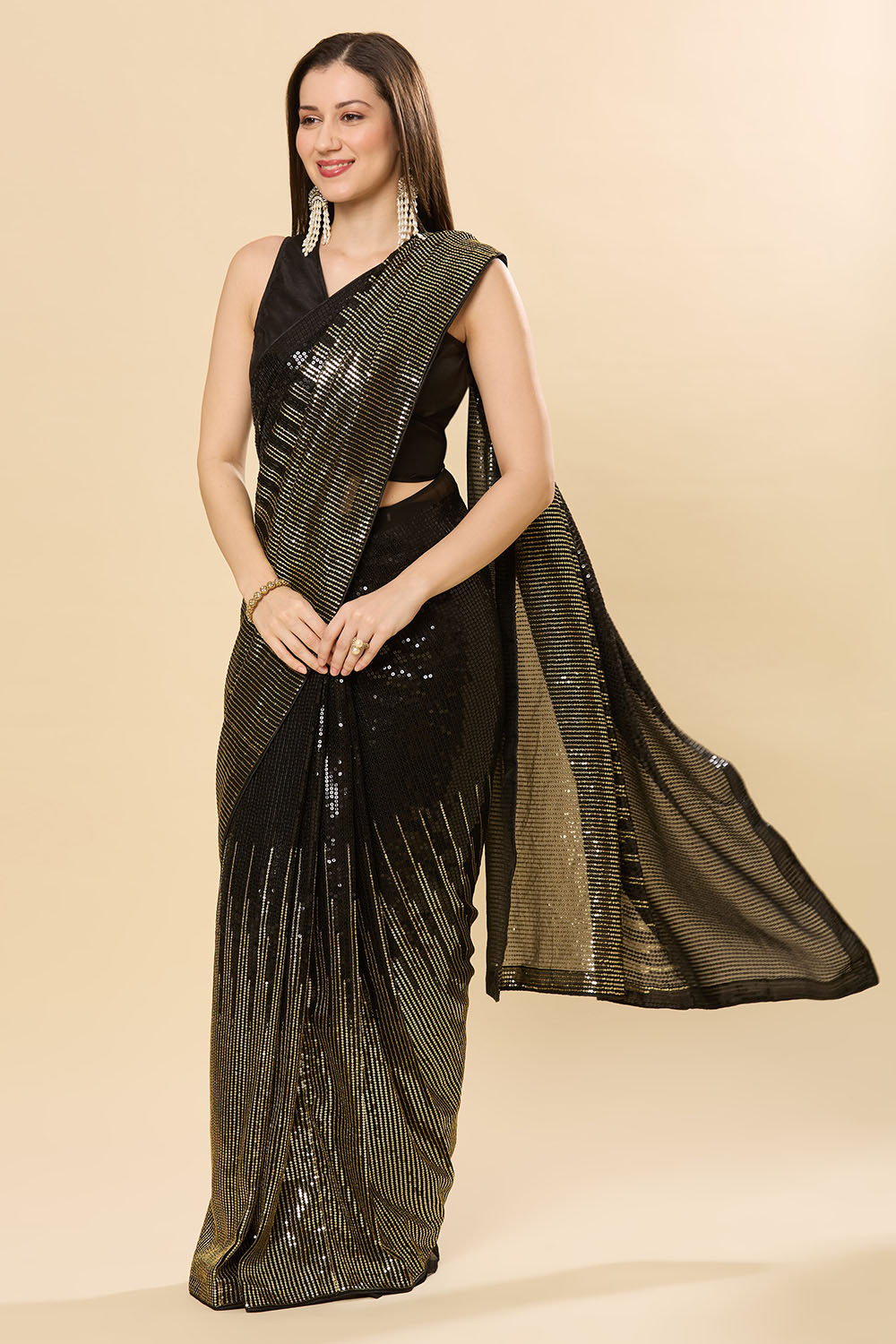 Bianca Black Sequins Designer Georgette One Minute Saree