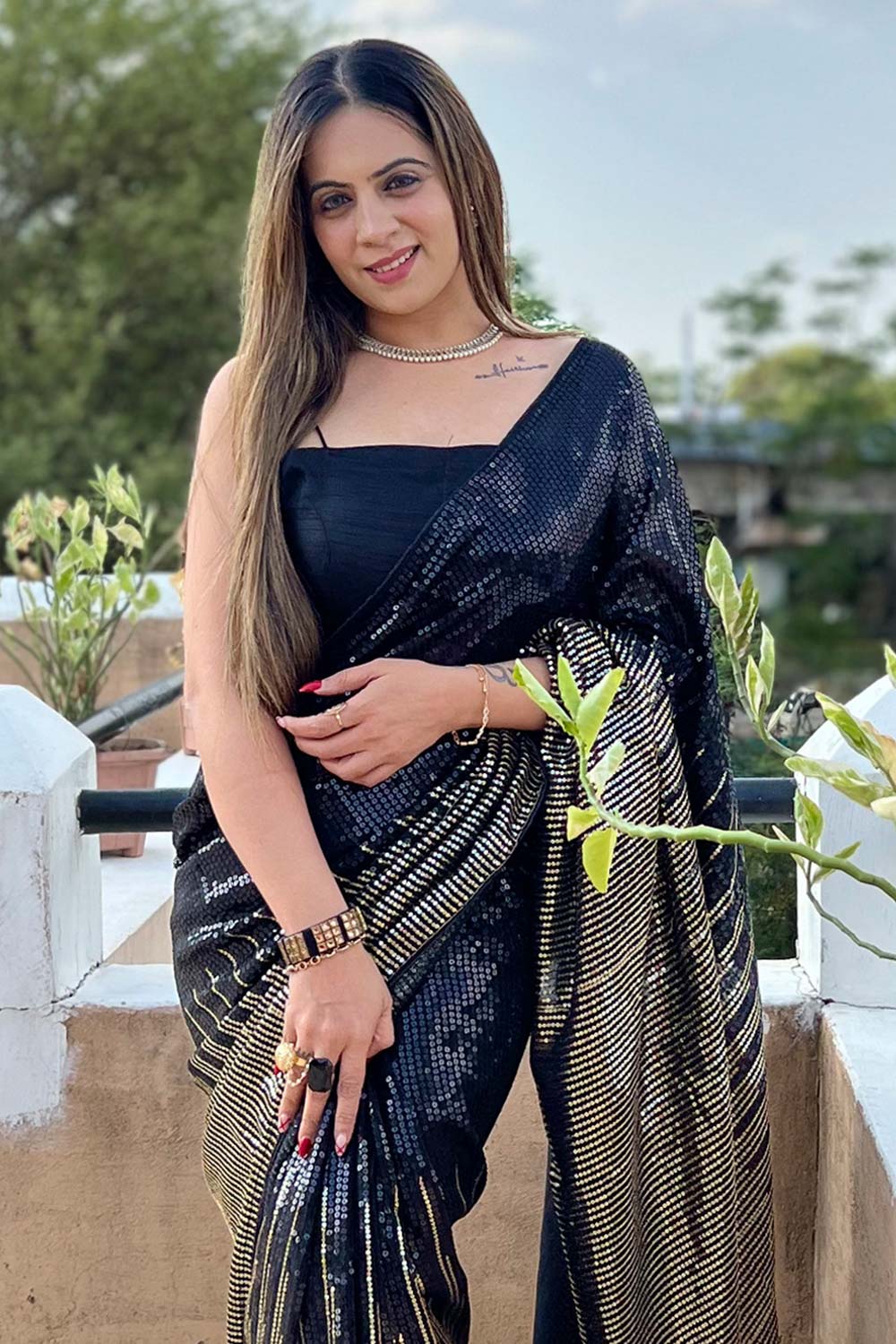 Bianca Black Sequins Designer Georgette One Minute Saree