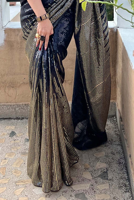 Bianca Black Sequins Designer Georgette One Minute Saree