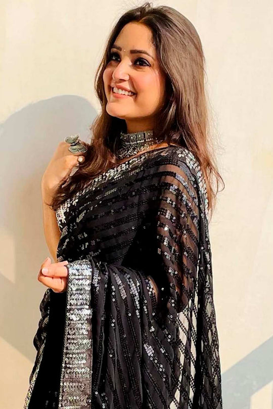 Georgina Black & Silver Sequins Georgette Ready To Wear One Minute Saree