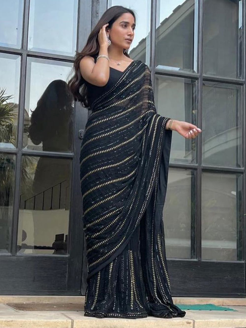 Brina Black Georgette Sequins One Minute Saree