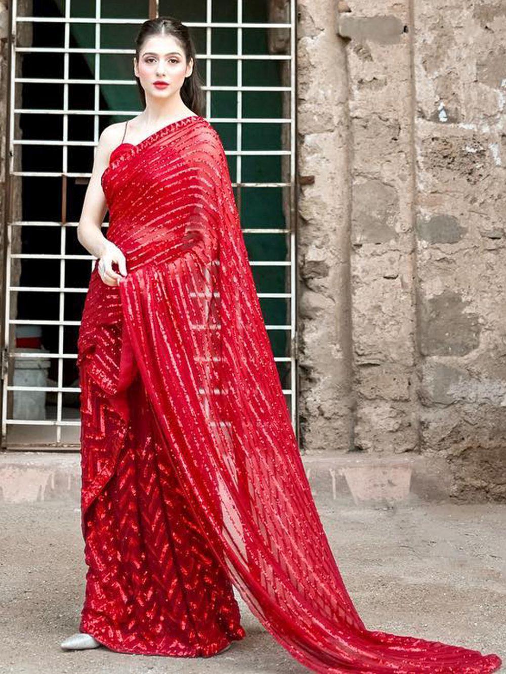 Betty Red Georgette Sequins One Minute Saree