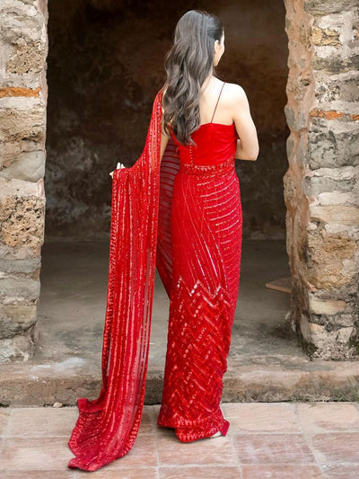 Betty Red Georgette Sequins One Minute Saree