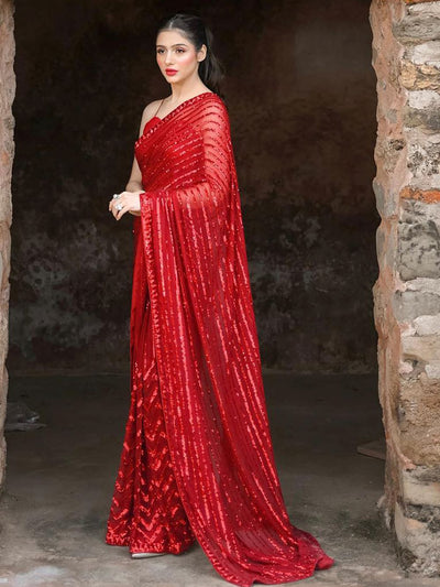 Betty Red Georgette Sequins One Minute Saree