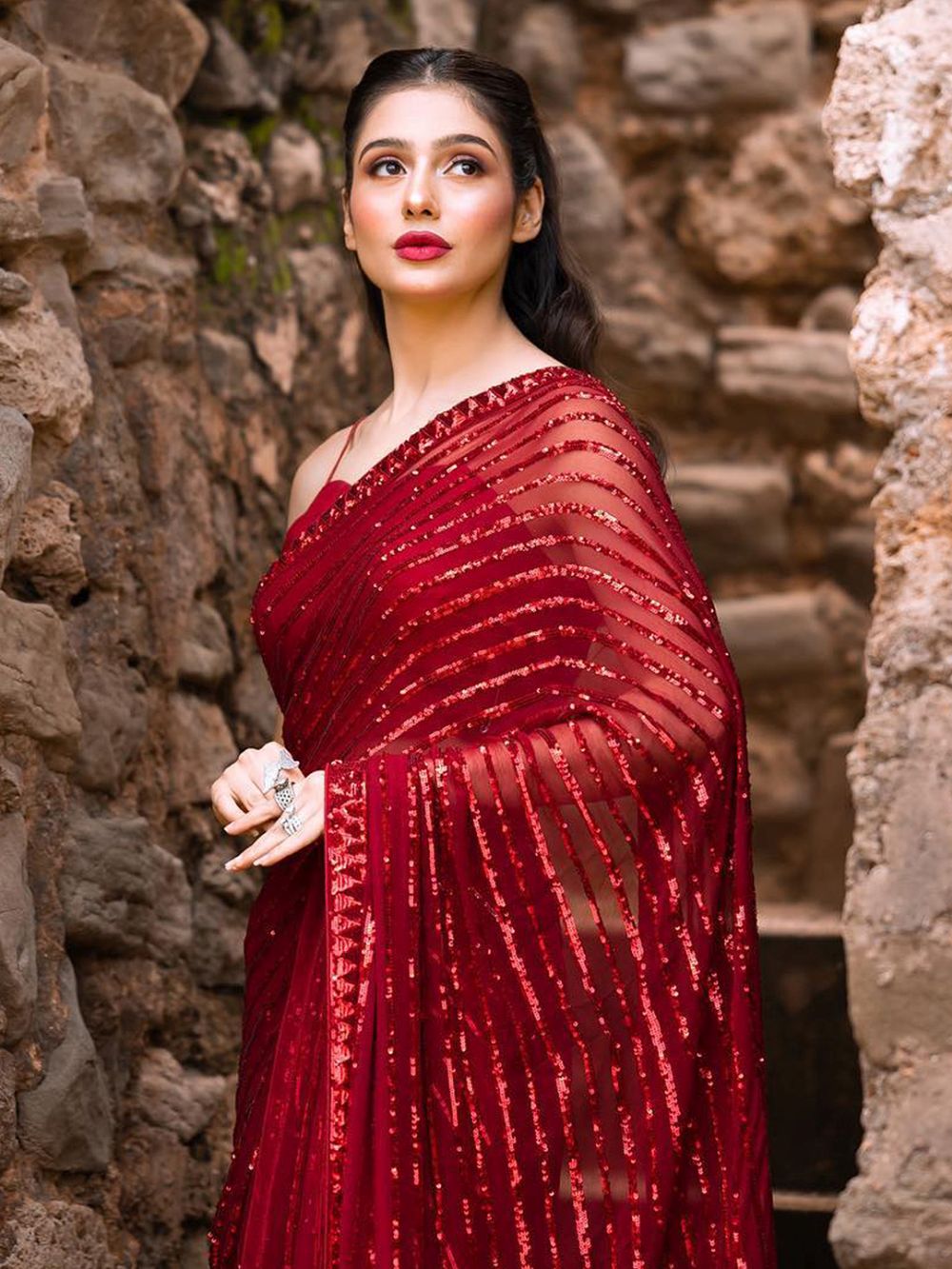 Betty Red Georgette Sequins One Minute Saree