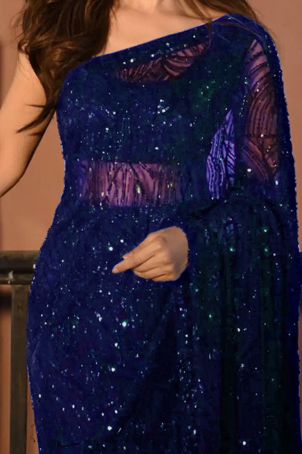 Nyris Navy Blue Georgette Embellished Ready to Wear One Minute Saree