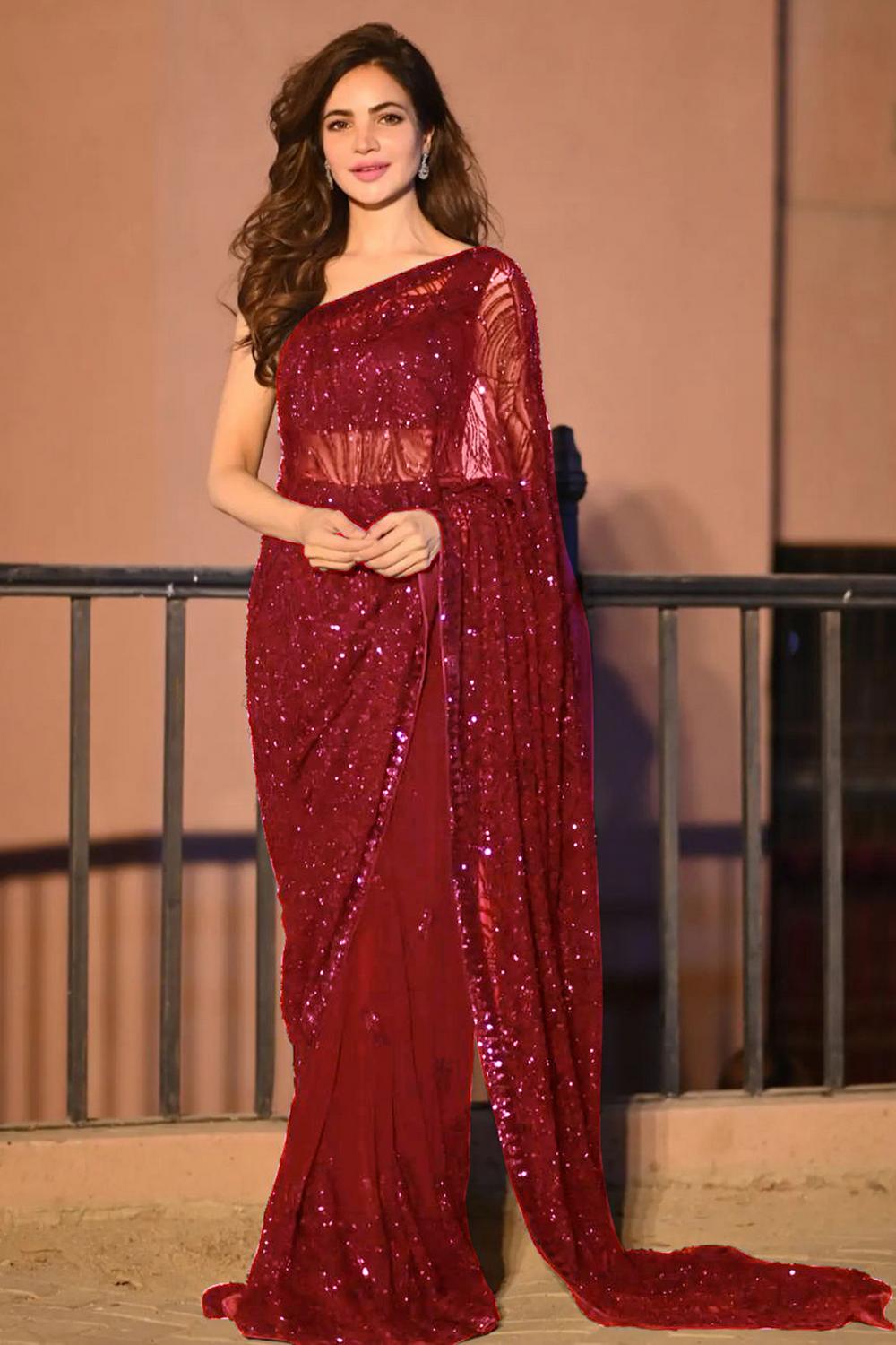 Nyris Red Georgette Embellished Ready to Wear One Minute Saree