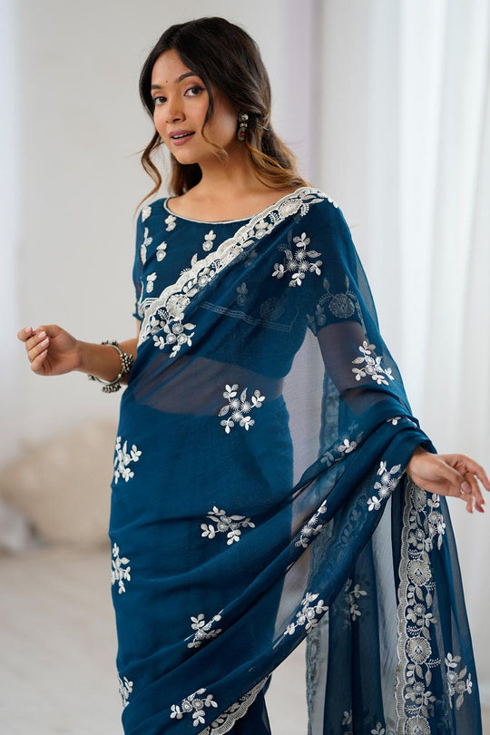 Lata Teal Blue Georgette Floral Embroidered Ready to Wear Saree