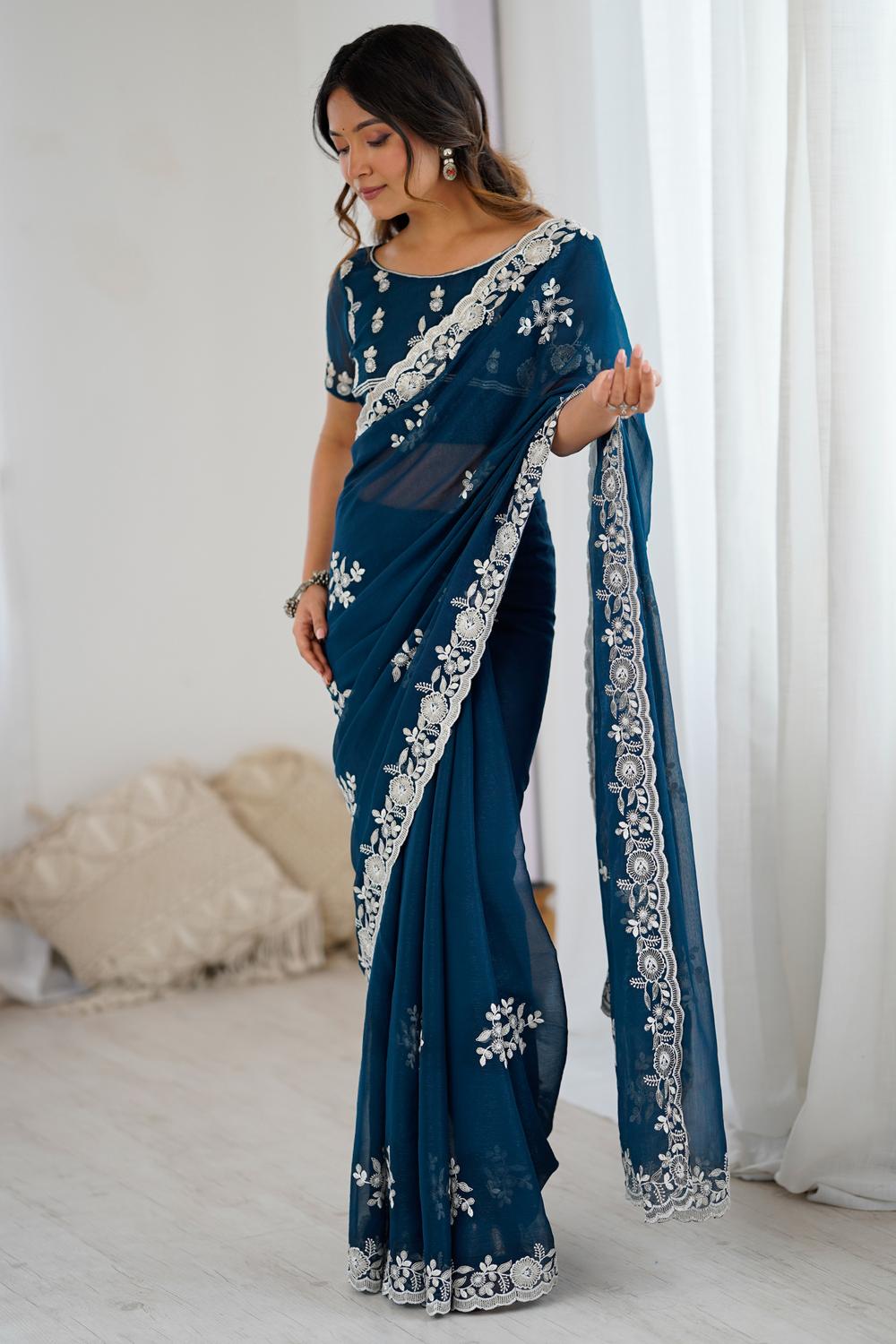 Lata Teal Blue Georgette Floral Embroidered Ready to Wear Saree