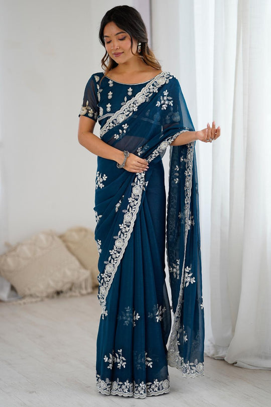 Lata Teal Blue Georgette Floral Embroidered Ready to Wear Saree