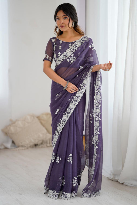 Lata Purple Georgette Floral Embroidered Ready to Wear Saree