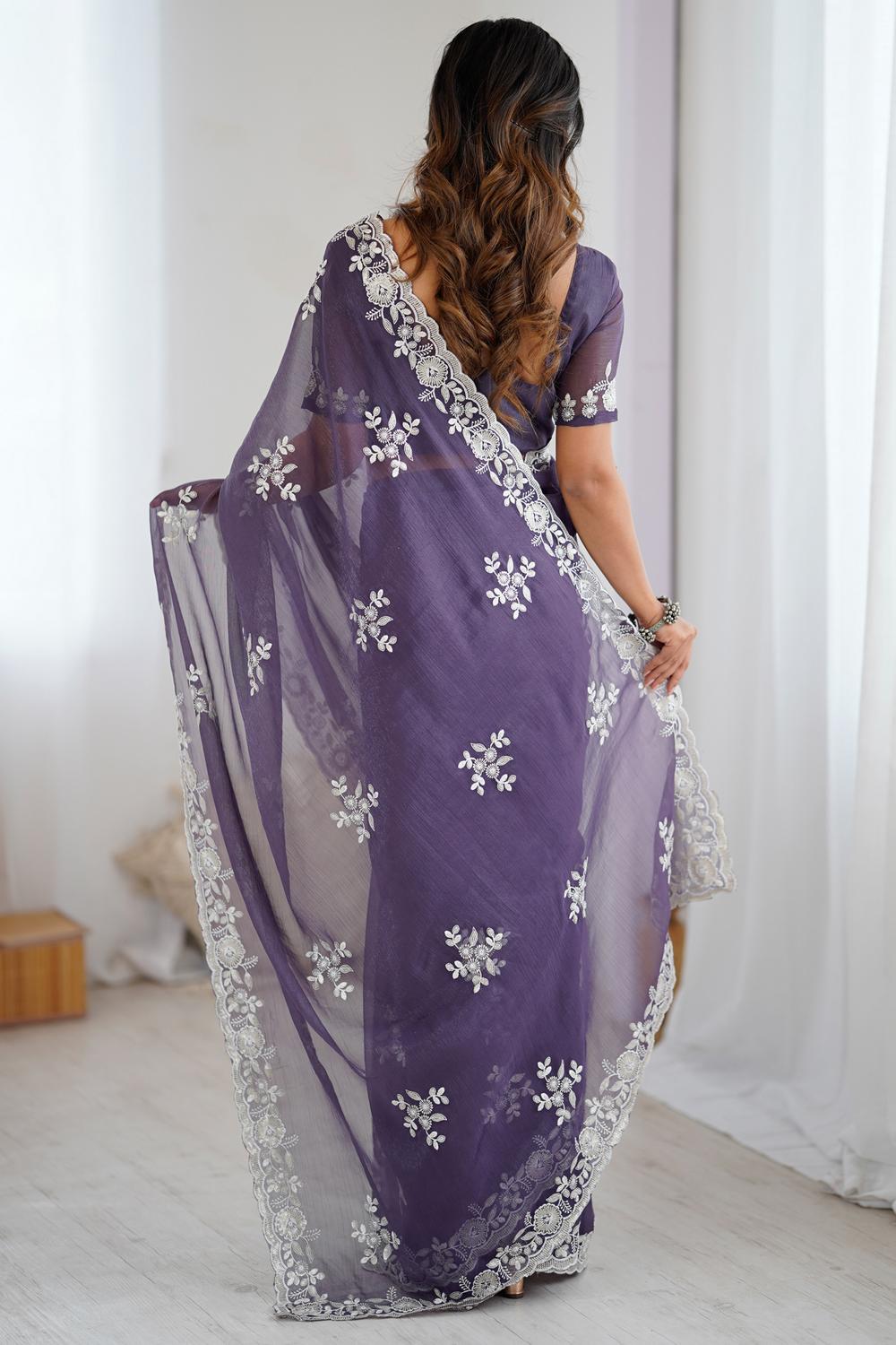 Lata Purple Georgette Floral Embroidered Ready to Wear Saree