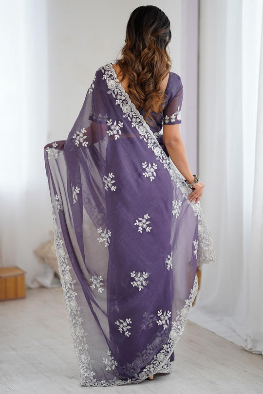 Lata Purple Georgette Floral Embroidered Ready to Wear Saree