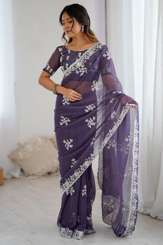 Lata Purple Georgette Floral Embroidered Ready to Wear Saree