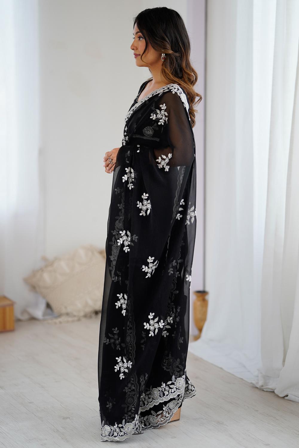 Lata Black Georgette Floral Embroidered Ready to Wear Saree