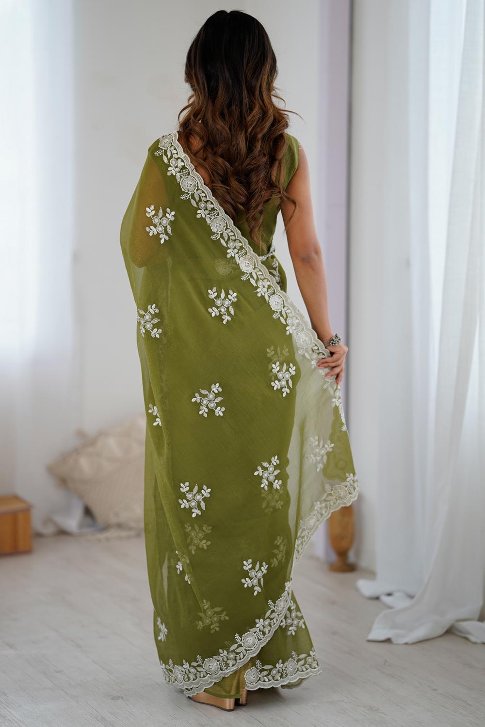 Lata Olive Georgette Floral Embroidered Ready to Wear Saree
